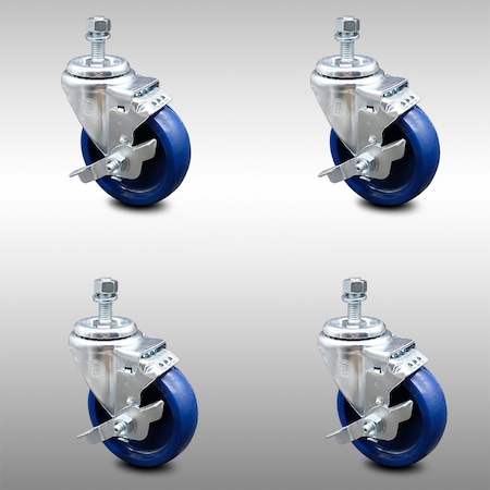 Service Caster 4 Inch SS Solid Polyurethane Swivel 3/8 Inch Threaded Stem Caster Set Brake SCC SCC-SSTS20S414-SPUS-TLB-381615-4